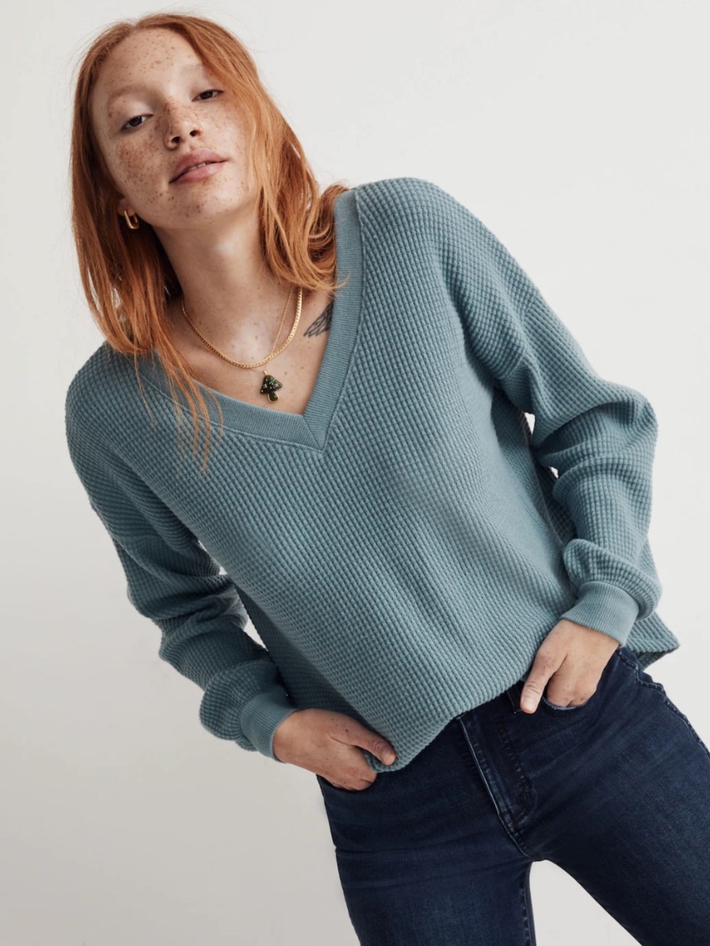 Madewell M Waffle Knit V Neck Long Sleeve Top Sweater Steely Blue NI071 - Picture 5 of 9